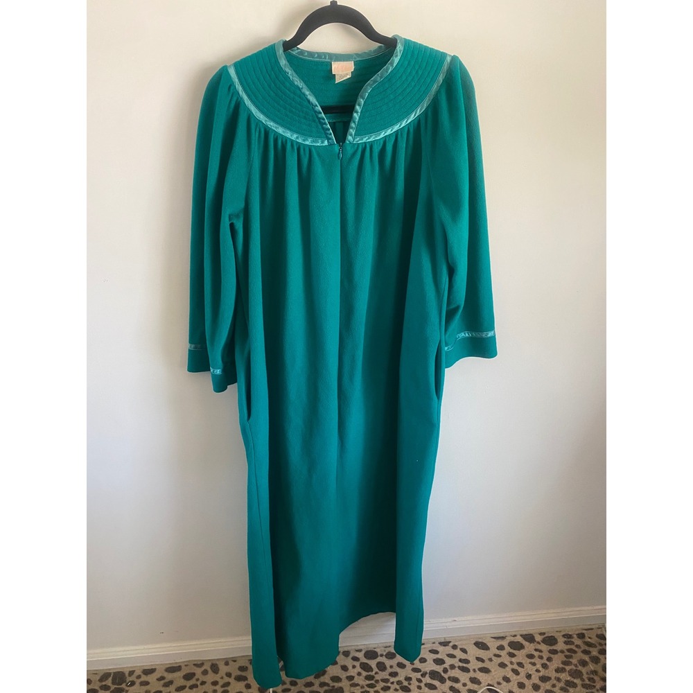 Vintage Adonna Jade Green Fleece House Coat Robe‎ Satin Trim Zip Front Large